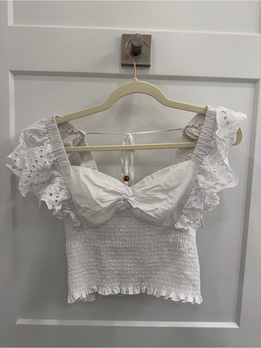 American Threads DO+BE White Eyelet Smocked Ruffle Crop Top Size M